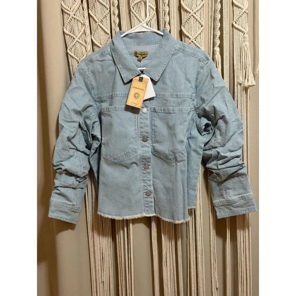 Democracy Striped Cropped Denim Jacket Ruched Scrunched Sleeve Raw Hem M NWT